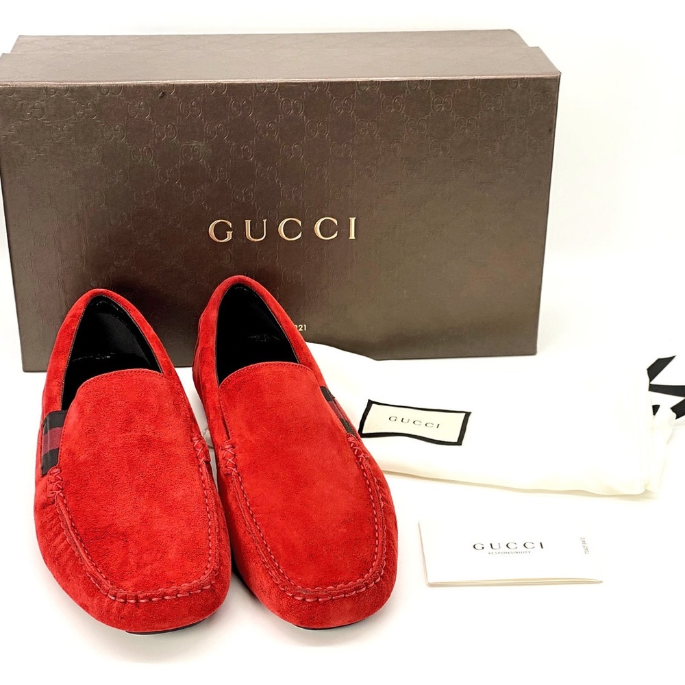 Gucci Red Suede Driver Slip-on Driving Formal Shoes - Picture 8 of 8
